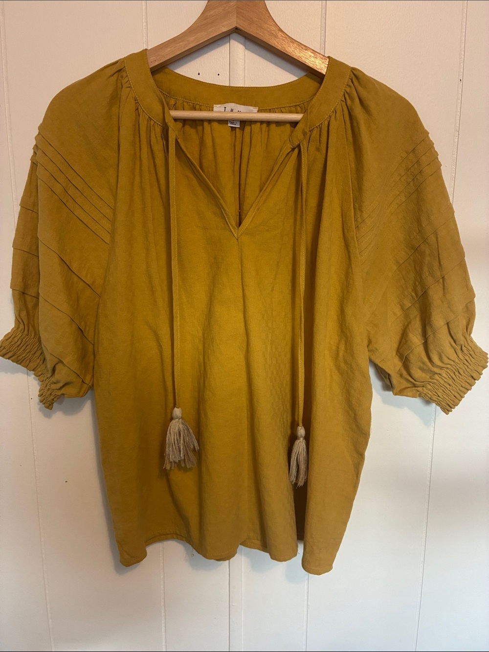 THML Mustard Split-Neck Peasant Top with Tassel Ties